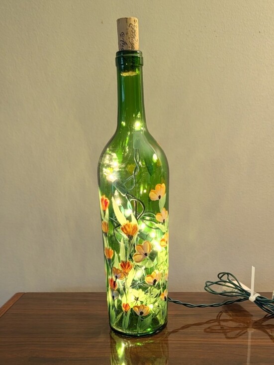 Other - Hand-Painted Green Floral Bottle with Lights